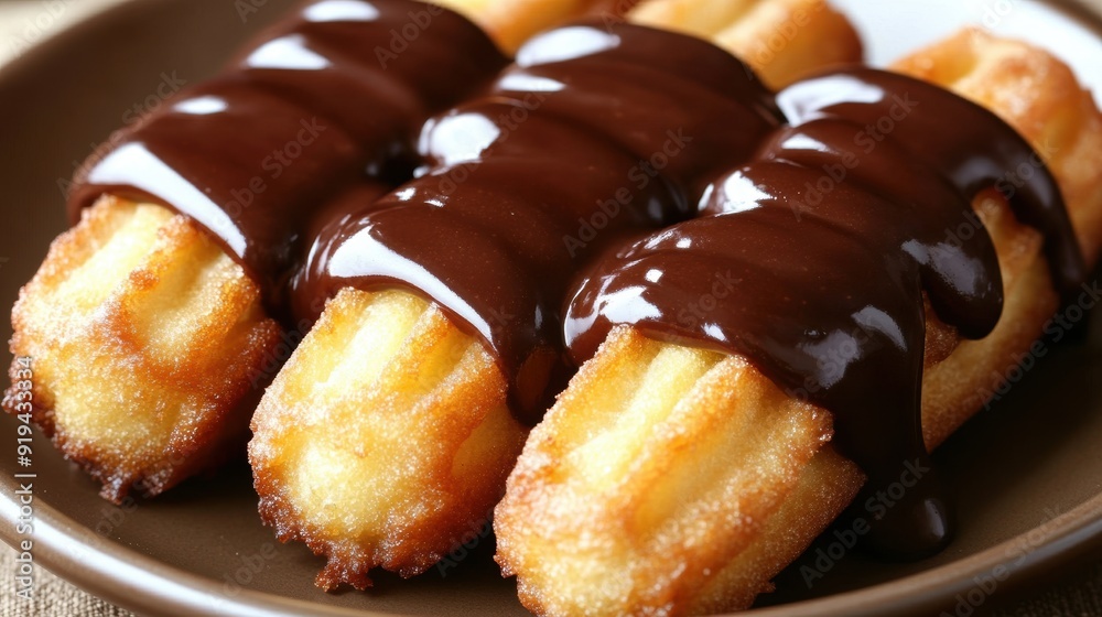 Delicious churros with melted chocolate topping on plate Delicious churros with melted chocolate topping on plate