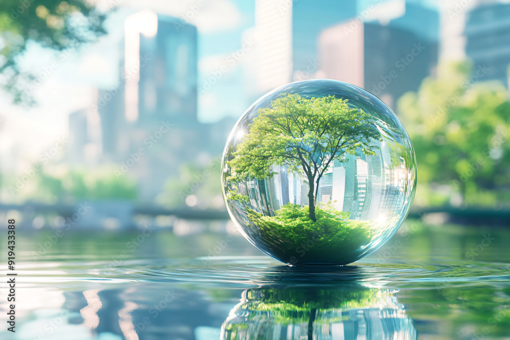 Cityscape Reflection in a Crystal Ball with Tree. Cityscape Reflection in a Crystal Ball with Tree.