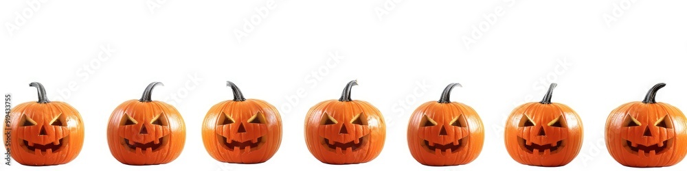 Jack-o'-Lanterns with Carved Faces: Row of Pumpkins Isolated on Bright White Background Jack-o'-Lanterns with Carved Faces: Row of Pumpkins Isolated on Bright White Background