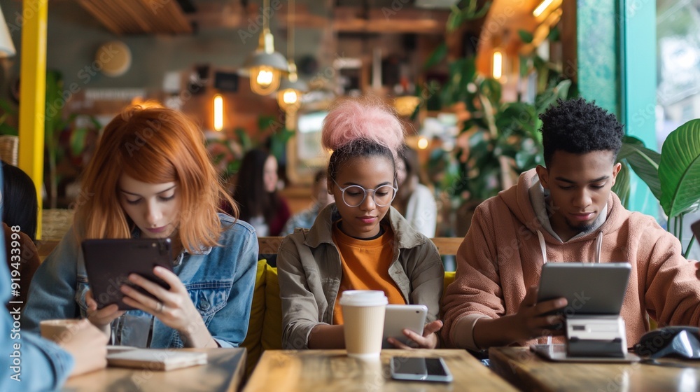 Three students are sitting together at a table in a cafe, using digital tablets and smartphones to do research and study Three students are sitting together at a table in a cafe, using digital tablets and smartphones to do research and study