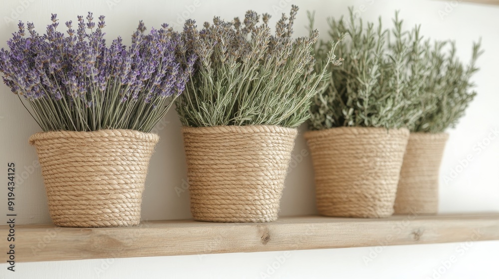 Rustic hemp baskets filled with dried lavender and herbs, placed on a vintage shelf, evoking a warm, natural ambiance Rustic hemp baskets filled with dried lavender and herbs, placed on a vintage shelf, evoking a warm, natural ambiance