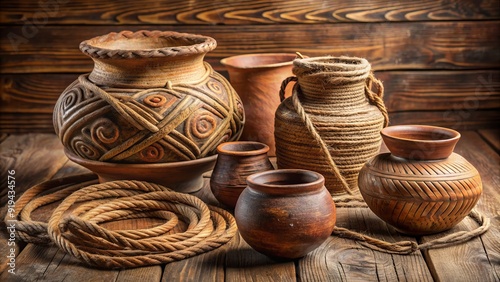 Ancient Jomon pottery pieces with intricate cord-marked patterns and rustic earth tones, arranged on a wooden table against a natural fiber background. photo