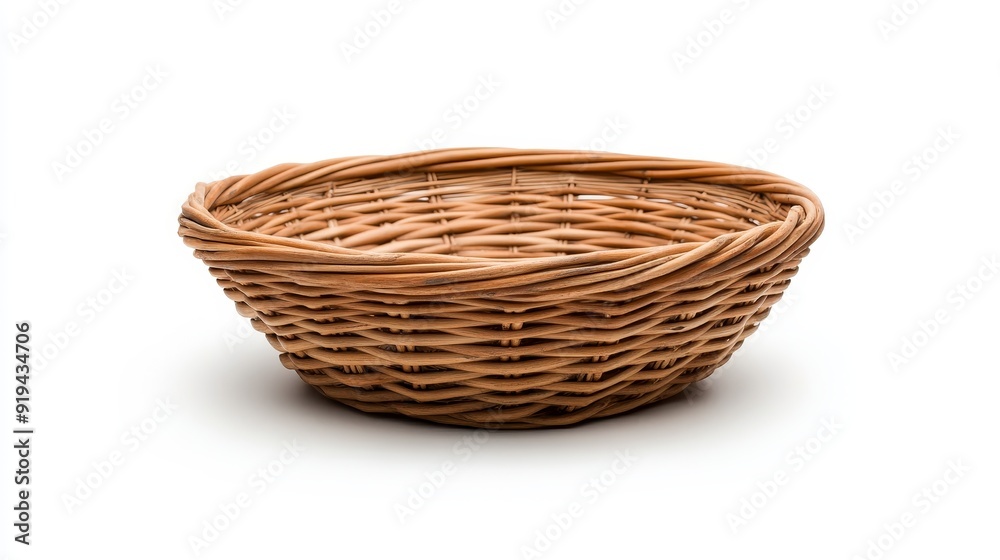 Rustic wicker basket made from natural fibers, isolated on a pristine white background, showcasing intricate weaving patterns, perfect for home decor Rustic wicker basket made from natural fibers, isolated on a pristine white background, showcasing intricate weaving patterns, perfect for home decor