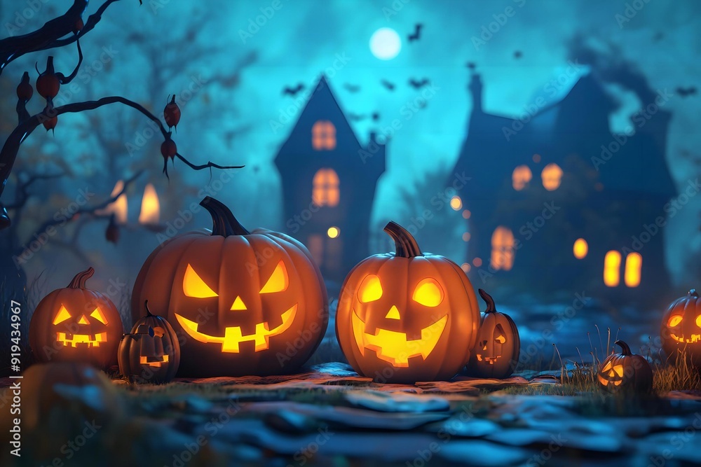 3D scary Pumpkin rising out of graveyard, Halloween poster or banner background with copy space. 3D scary Pumpkin rising out of graveyard, Halloween poster or banner background with copy space.