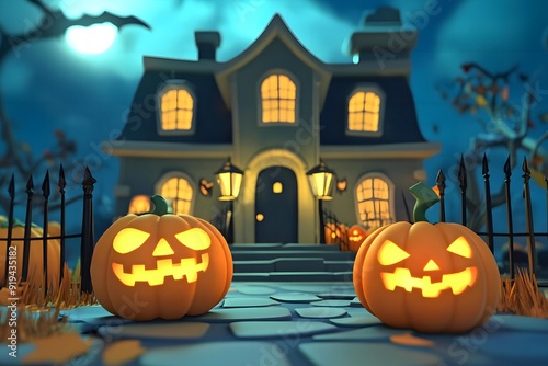 3D scary Pumpkin rising out of graveyard, Halloween poster or banner background with copy space.