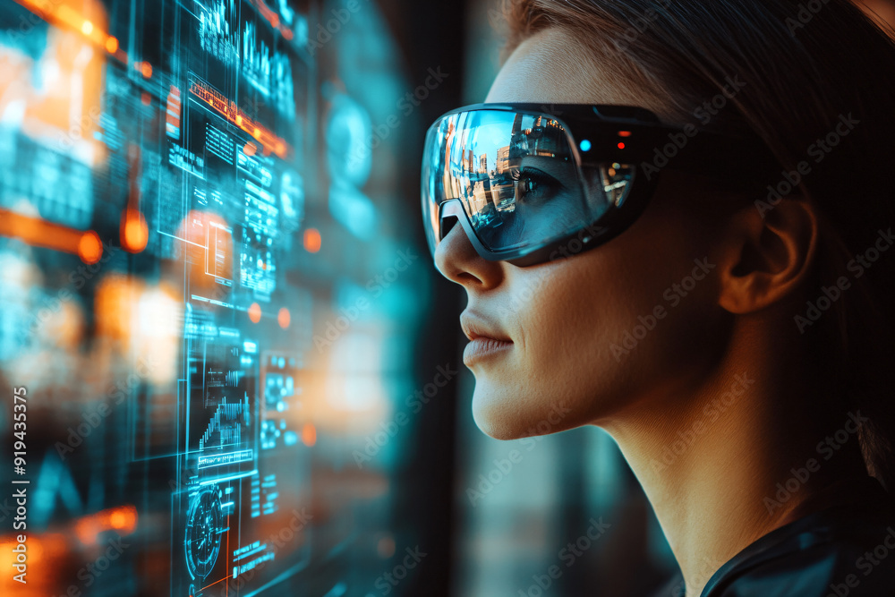 Woman Wearing Smart Glasses Looking at Digital Interface. Woman Wearing Smart Glasses Looking at Digital Interface.