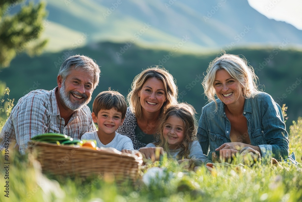 Happy Family Picnic in the Mountain Meadow Happy Family Picnic in the Mountain Meadow