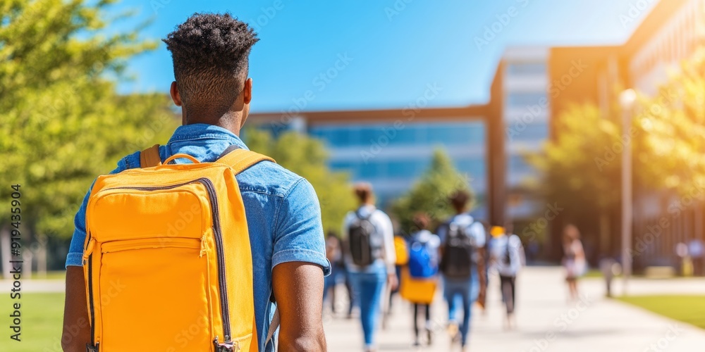 Student with yellow backpack walks on sunny college campus, focus on back to school, education, student life, and academic journey. Student with yellow backpack walks on sunny college campus, focus on back to school, education, student life, and academic journey.