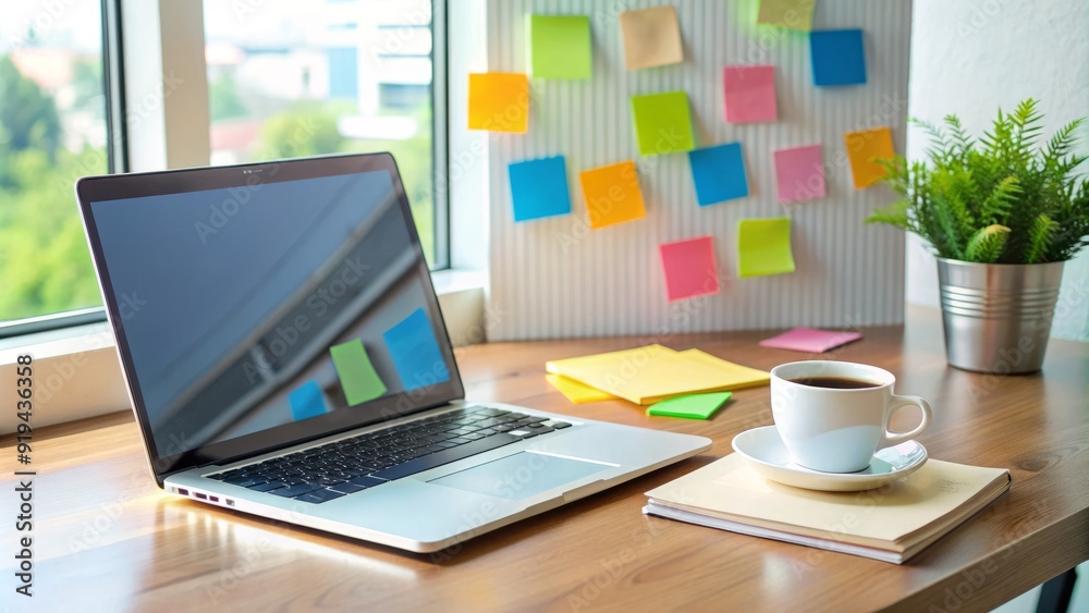 A sleek, modern desk with a laptop, notebook, and coffee cup, surrounded by colorful sticky notes and diagrams, conveying a thoughtful messaging strategy. A sleek, modern desk with a laptop, notebook, and coffee cup, surrounded by colorful sticky notes and diagrams, conveying a thoughtful messaging strategy.