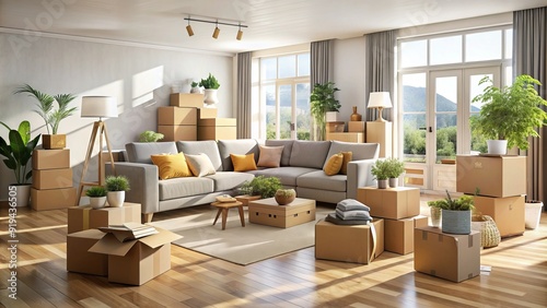 A spacious, modern living room with boxes and furniture in disarray, showcasing the chaos and upheaval of a home moving or relocation process. photo