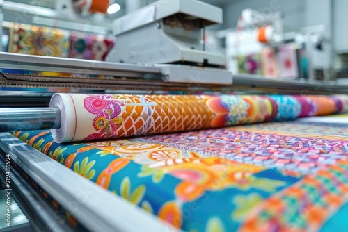 Vibrant textile printing process showing colorful patterns being applied to fabric photo