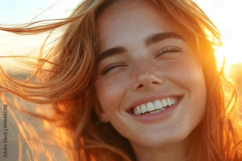 A joyful woman with red hair smiles brightly, illuminated by a golden sunset. Her happiness radiates warmth and positivity. A joyful woman with red hair smiles brightly, illuminated by a golden sunset. Her happiness radiates warmth and positivity.