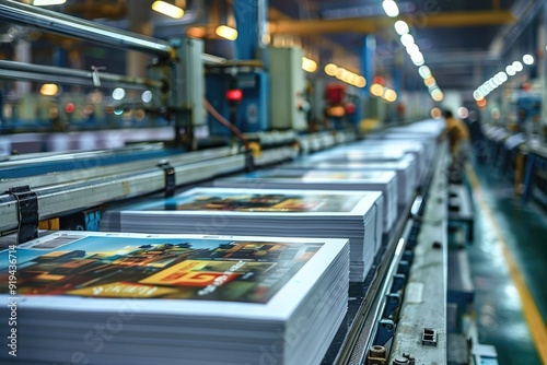 Wide shot of a busy print production line with stacks of freshly printed materials moving through the various stages