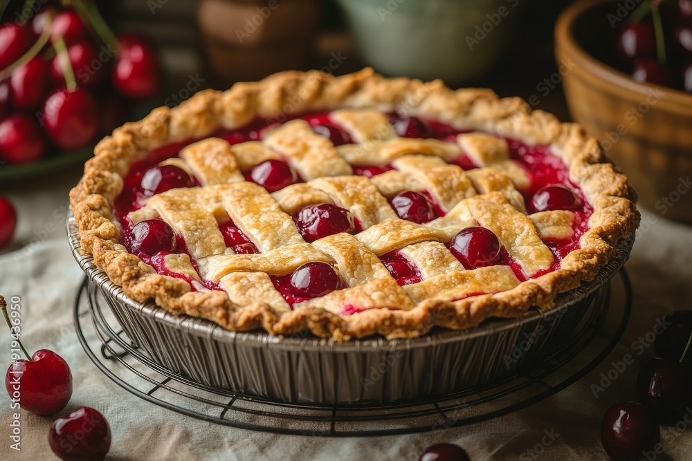 Cherry Pie Freshly Baked in a Rustic Setting Cherry Pie Freshly Baked in a Rustic Setting