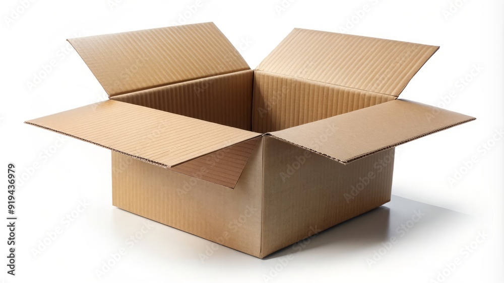 A sturdy, brown corrugated cardboard box with folded flaps open, revealing a empty interior, isolated on a white background with soft shadow and texture. A sturdy, brown corrugated cardboard box with folded flaps open, revealing a empty interior, isolated on a white background with soft shadow and texture.