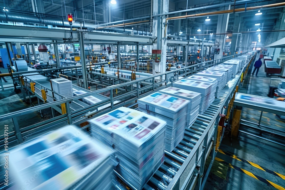Wide shot of a busy print production line with stacks of freshly printed materials moving through the various stages Wide shot of a busy print production line with stacks of freshly printed materials moving through the various stages