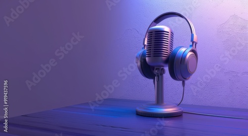 3D render of microphone and headphones on audio studio desk with blue lighting, full shot.