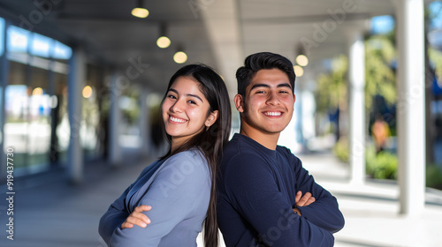 portrait of a couple of happy smiling hispanic latinos college students posing back to back photo