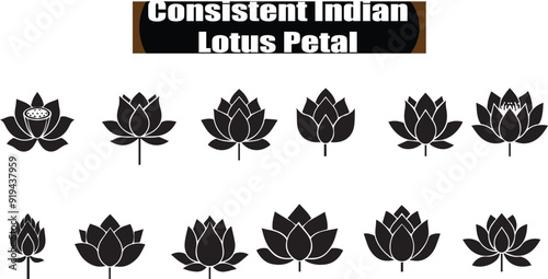 Consistent Indian Lotus Petal Dark Silhouette Shapes Vector Set