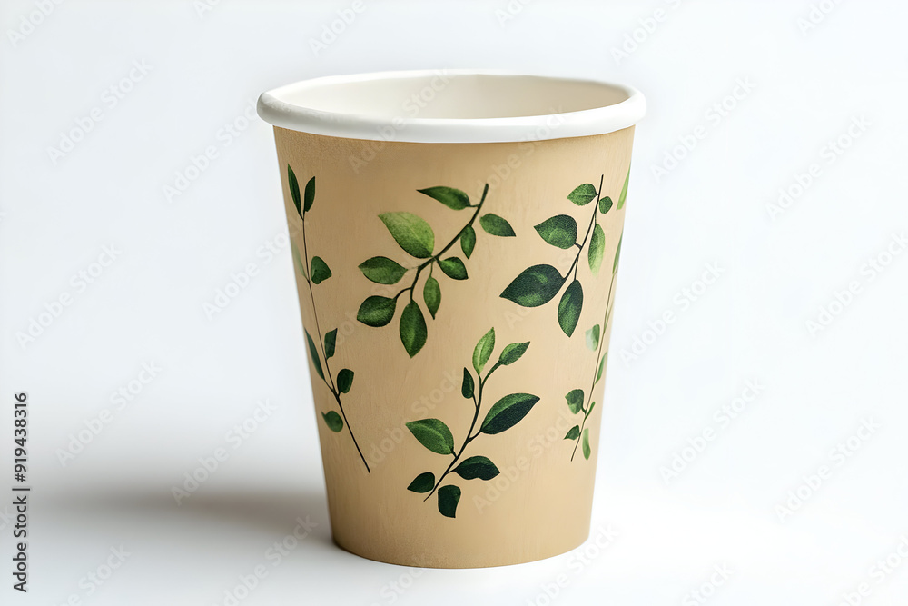 A stylish paper cup featuring elegant green leaves, perfect for beverages and eco-friendly initiatives. A stylish paper cup featuring elegant green leaves, perfect for beverages and eco-friendly initiatives.