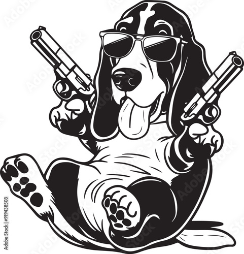 Basset Hound Dog with Guns Stylized Vector