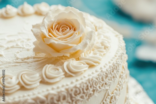 Elegant white rose wedding cake on blue backdrop