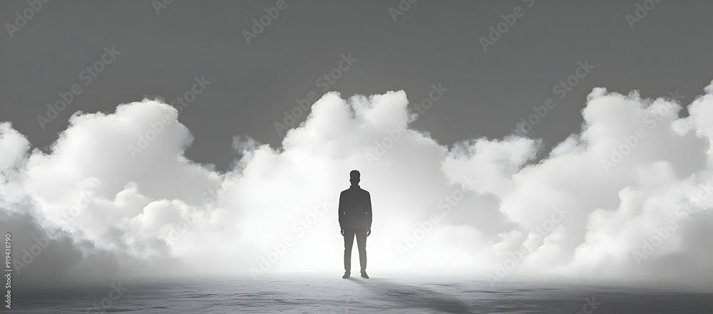 A solitary figure standing amidst ethereal clouds, evoking feelings of introspection and calm in a surreal monochrome landscape. A solitary figure standing amidst ethereal clouds, evoking feelings of introspection and calm in a surreal monochrome landscape.