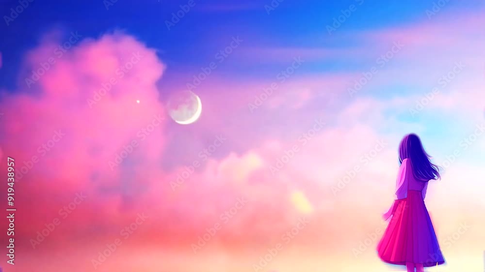 Seamless looping 4k time-lapse animation video background featuring a serene scene of a girl standing under a sky painted with soft pink clouds, gazing at a crescent moon, evoking a sense of calm and Seamless looping 4k time-lapse animation video background featuring a serene scene of a girl standing under a sky painted with soft pink clouds, gazing at a crescent moon, evoking a sense of calm and
