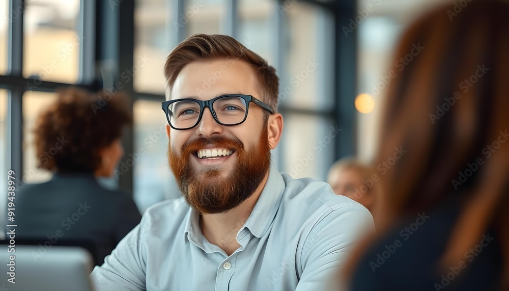 Smiling Professional Man with Beard and Glasses in Office Meeting Smiling Professional Man with Beard and Glasses in Office Meeting