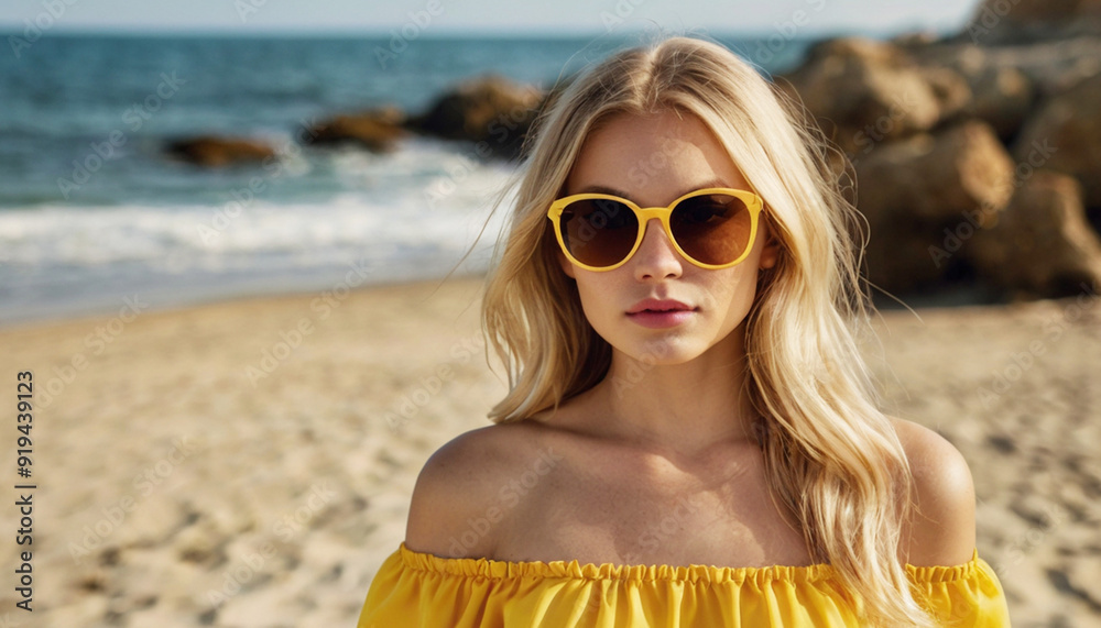 Portrait of a young beautiful blonde in sunglasses and a yellow dress against the background of the coast. Summer beach fashion style. Portrait of a young beautiful blonde in sunglasses and a yellow dress against the background of the coast. Summer beach fashion style.