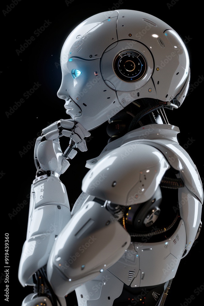 White robot woman thinking, hand on chin, blue glowing eyes, shiny silver body, full growth, black background, photorealistic. White robot woman thinking, hand on chin, blue glowing eyes, shiny silver body, full growth, black background, photorealistic.