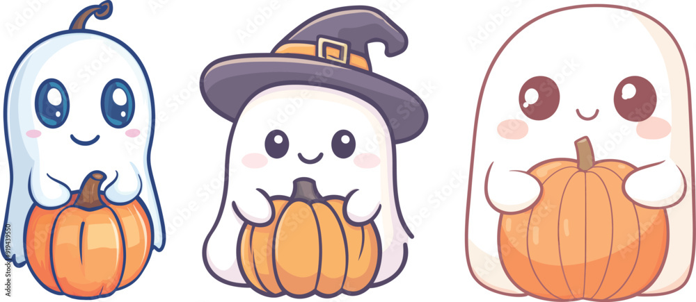 Cartoon character with a funny ghost holding a pumpkin lantern for Halloween Cartoon character with a funny ghost holding a pumpkin lantern for Halloween