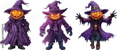 Cartoon scarecrow with pumpkin head.