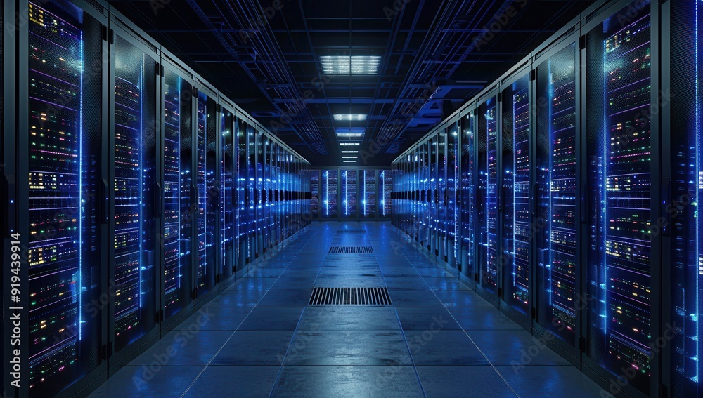Dark server room with powerful supercomputers and glowing blue lights, showcasing data center management. Dark server room with powerful supercomputers and glowing blue lights, showcasing data center management.