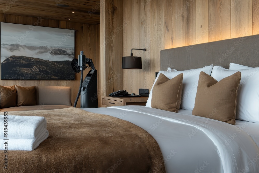 A cozy modern hotel room features elegant wood paneling and soft bedding, offering a luxurious and comfortable stay for guests with its serene and inviting design elements. A cozy modern hotel room features elegant wood paneling and soft bedding, offering a luxurious and comfortable stay for guests with its serene and inviting design elements.