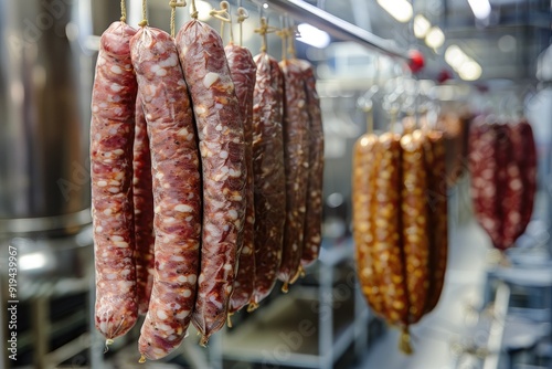  A variety of dried meat sausages hanging in a cold storage room, with industrial equipment in the background photo