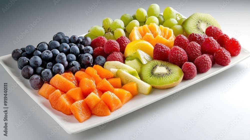 A fresh fruit platter with an array of colorful fruits, beautifully arranged on a white plate A fresh fruit platter with an array of colorful fruits, beautifully arranged on a white plate