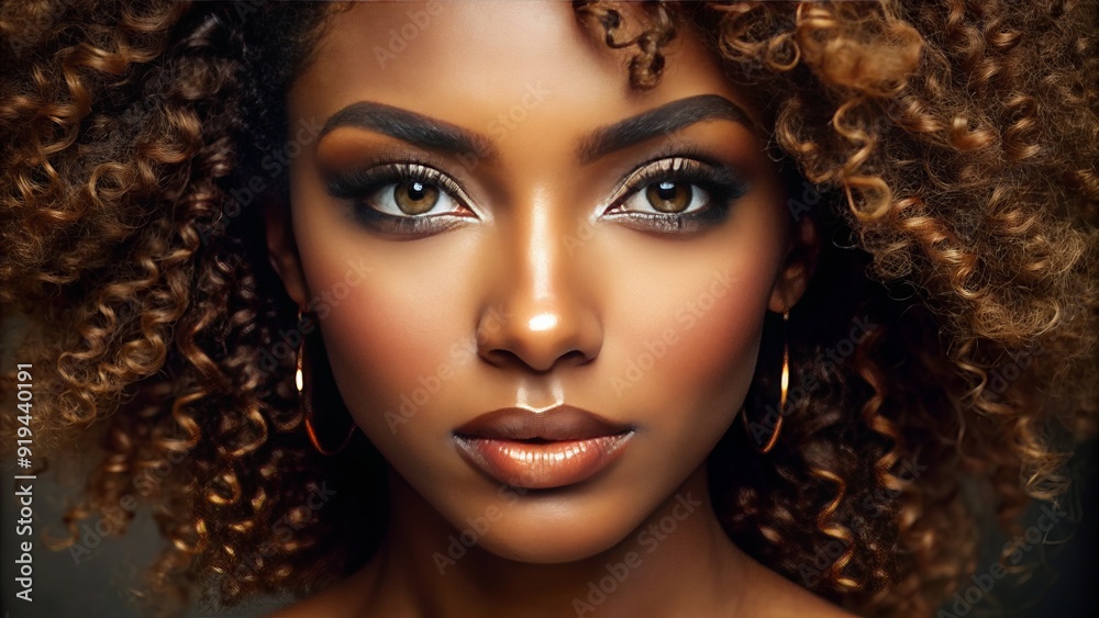 Close-up portrait of a beautiful African American woman with luscious, long, and curly eyelashes, highlighting her natural beauty and stunning facial features. Close-up portrait of a beautiful African American woman with luscious, long, and curly eyelashes, highlighting her natural beauty and stunning facial features.