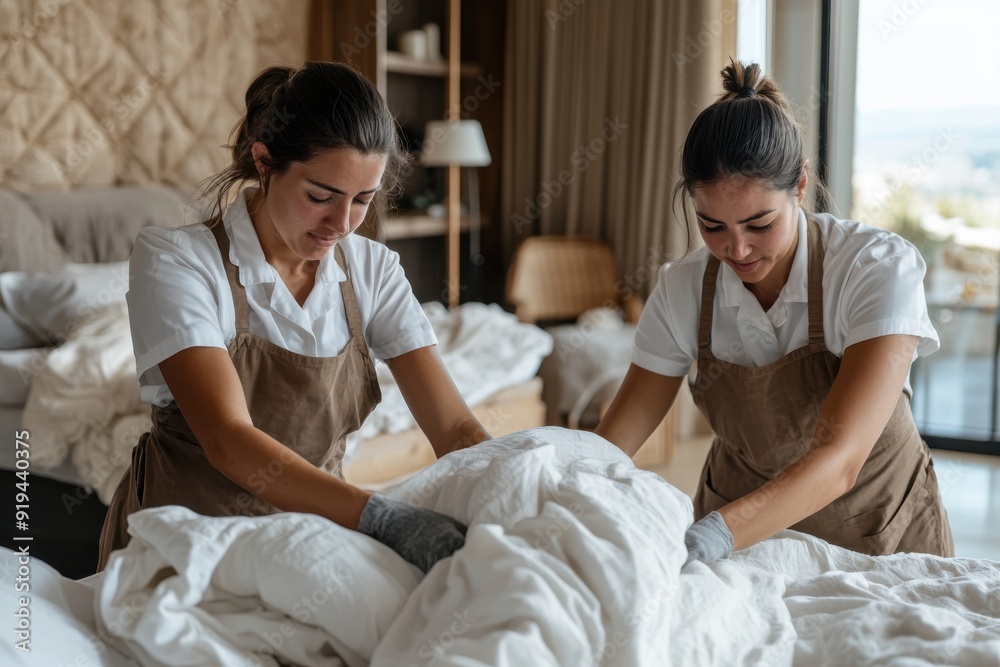 Two women dressed in uniform and aprons are making a bed together in a bright room, showcasing teamwork, attention to detail, and dedication to their housekeeping duties.