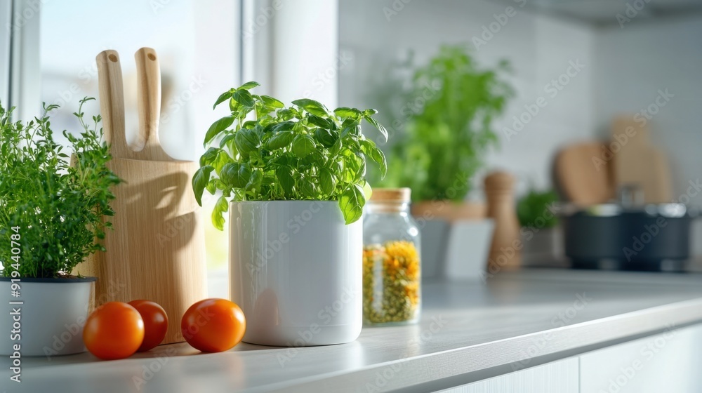 A minimalist kitchen with fresh herbs growing on the windowsill and a nutritious meal being prepared on the countertop A minimalist kitchen with fresh herbs growing on the windowsill and a nutritious meal being prepared on the countertop