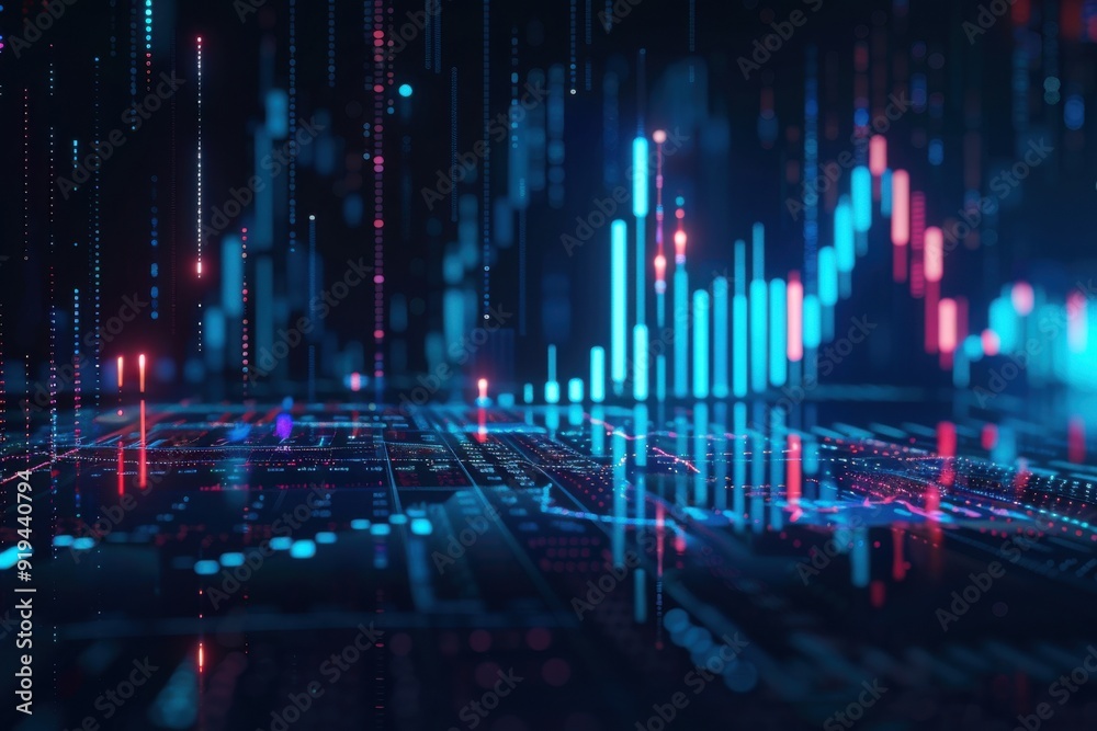 Digital stock market graph and candlestick chart with blue glowing light, financial concept. Digital stock market graph and candlestick chart with blue glowing light, financial concept.