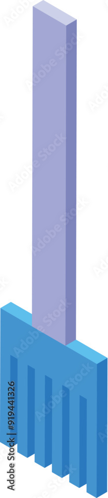 Blue garden rake with long wooden handle standing on the ground isometric icon