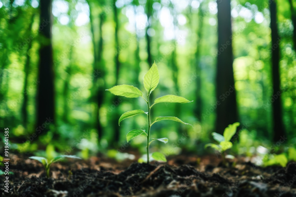 young sapling thriving in sunlit forest soil as a symbol of reforestation and co2 absorption young sapling thriving in sunlit forest soil as a symbol of reforestation and co2 absorption