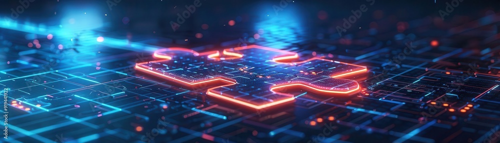 Polygonal jigsaw piece, digital neon glow, blue grid, dark tech backdrop