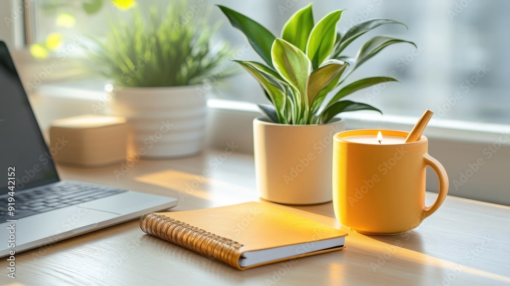 A quiet home office setup for mindfulness, with plants, candles, and a meditation journal on the desk A quiet home office setup for mindfulness, with plants, candles, and a meditation journal on the desk