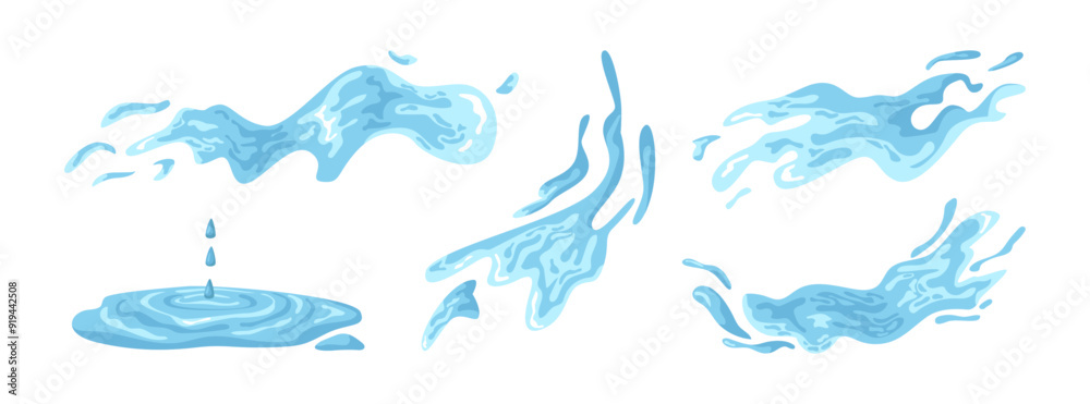 Obraz premium Set of water splashes, falling aqua drops, sea or ocean waves. Vector isolated rainwater motion effects. Nature object spatters, sputters and splashdowns. Clean liquid movement and dynamism