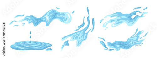 Set of water splashes, falling aqua drops, sea or ocean waves. Vector isolated rainwater motion effects. Nature object spatters, sputters and splashdowns. Clean liquid movement and dynamism