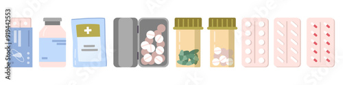 Blister and medicine for treatment and health care. Vector isolated set of empty pills and drugs. Pharmacology and prescription for patients from doctors, clinics and hospitals, antibiotic