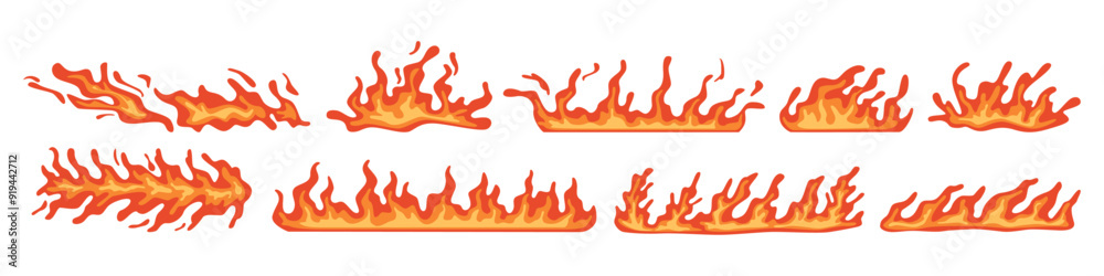 Burning horizontal lines with blazing fire. Vector isolated tongues of flame. Simple wildfire or bonfire effect. Burning campfire texture, flares and ignition on ground. Powerful natural force Burning horizontal lines with blazing fire. Vector isolated tongues of flame. Simple wildfire or bonfire effect. Burning campfire texture, flares and ignition on ground. Powerful natural force
