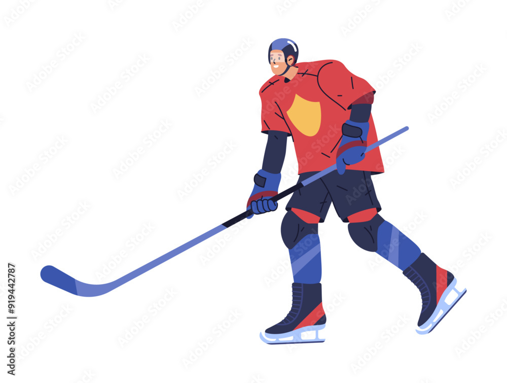 Hockey male personage, team player wearing protective uniform and helmet playing game on ice. Sportive challenge or competition for professionals. Vector cartoon character in flat style Hockey male personage, team player wearing protective uniform and helmet playing game on ice. Sportive challenge or competition for professionals. Vector cartoon character in flat style
